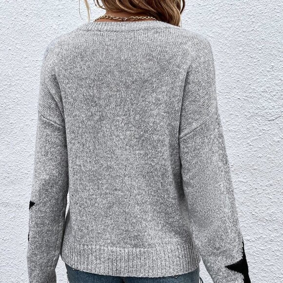 Grey Casual Womens Star Pattern Drop Shoulder Sweater - Picture 2 of 5